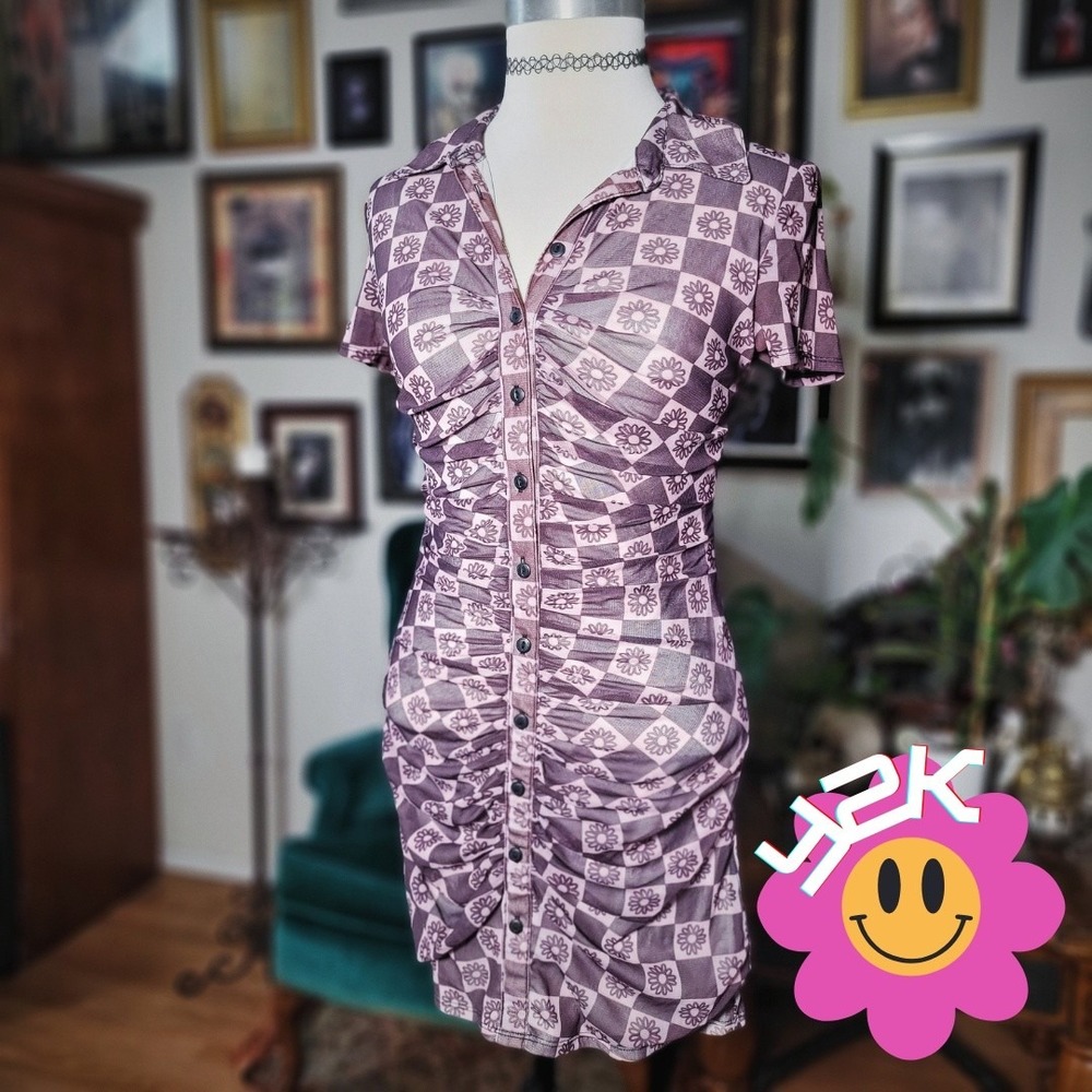 Urban‎ Outfitters Mini Dress Vintage Y2K Checkerboard Ruched Mallgoth Medium